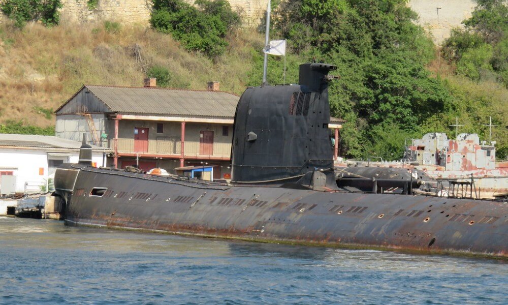 Decommissioned Foxtrot-class submarine Surfaced Close-up view